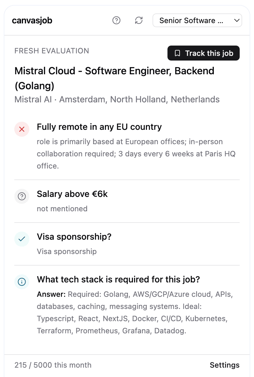 canvasjob side panel showing filter verdicts with evidence