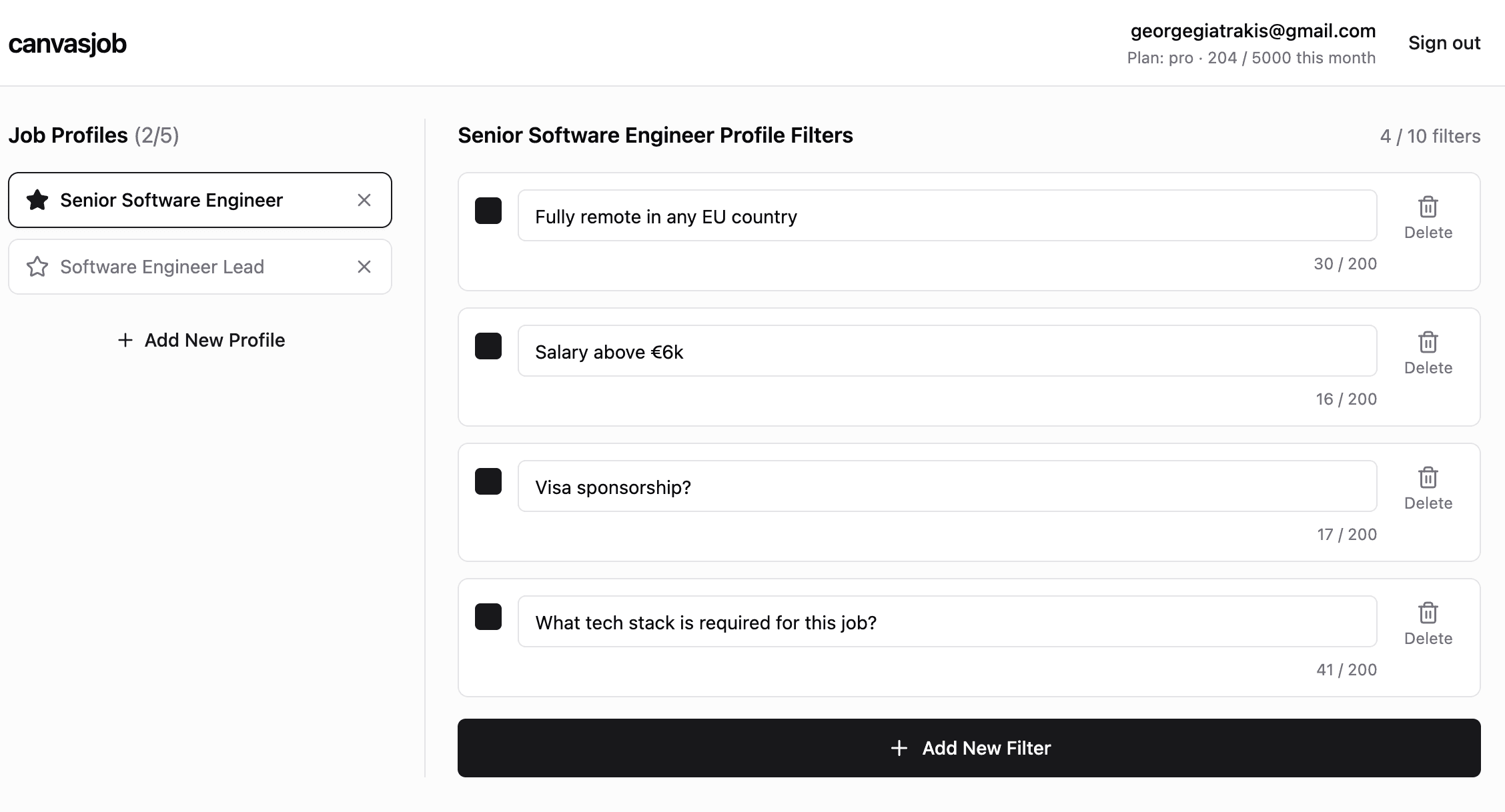 canvasjob settings page with job profiles and plain-English filters