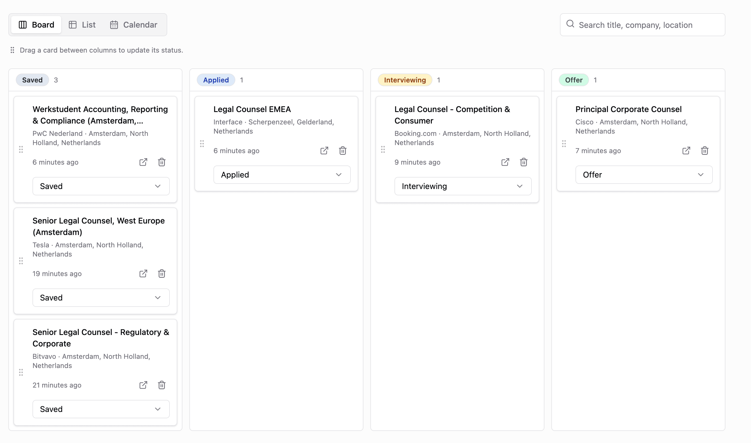 canvasjob tracker board with job cards grouped by status