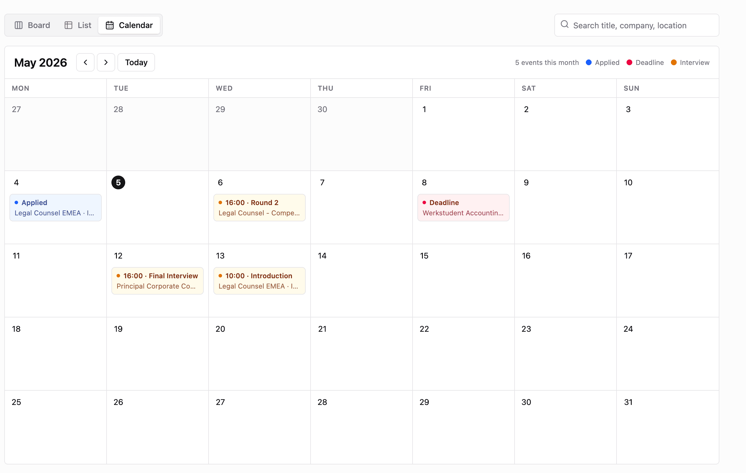 canvasjob tracker calendar view with application and interview events