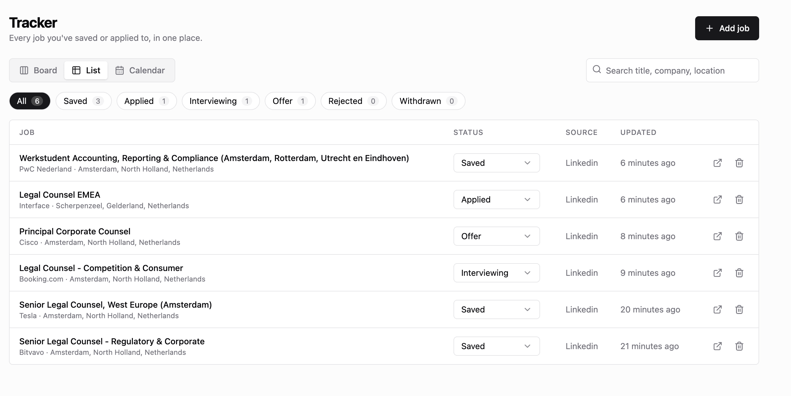 canvasjob tracker list view with jobs and status controls