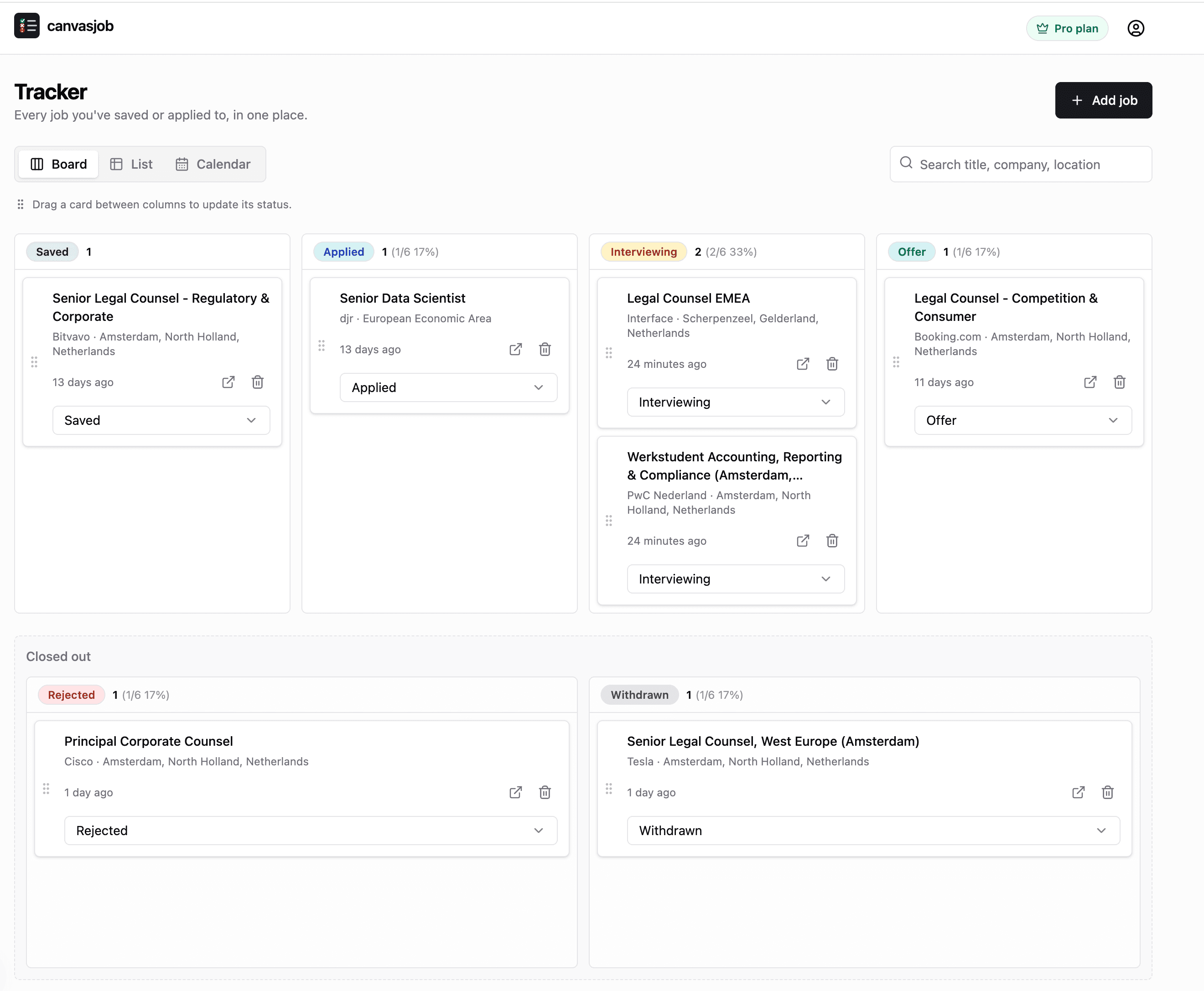 canvasjob tracker board view with jobs grouped by application status