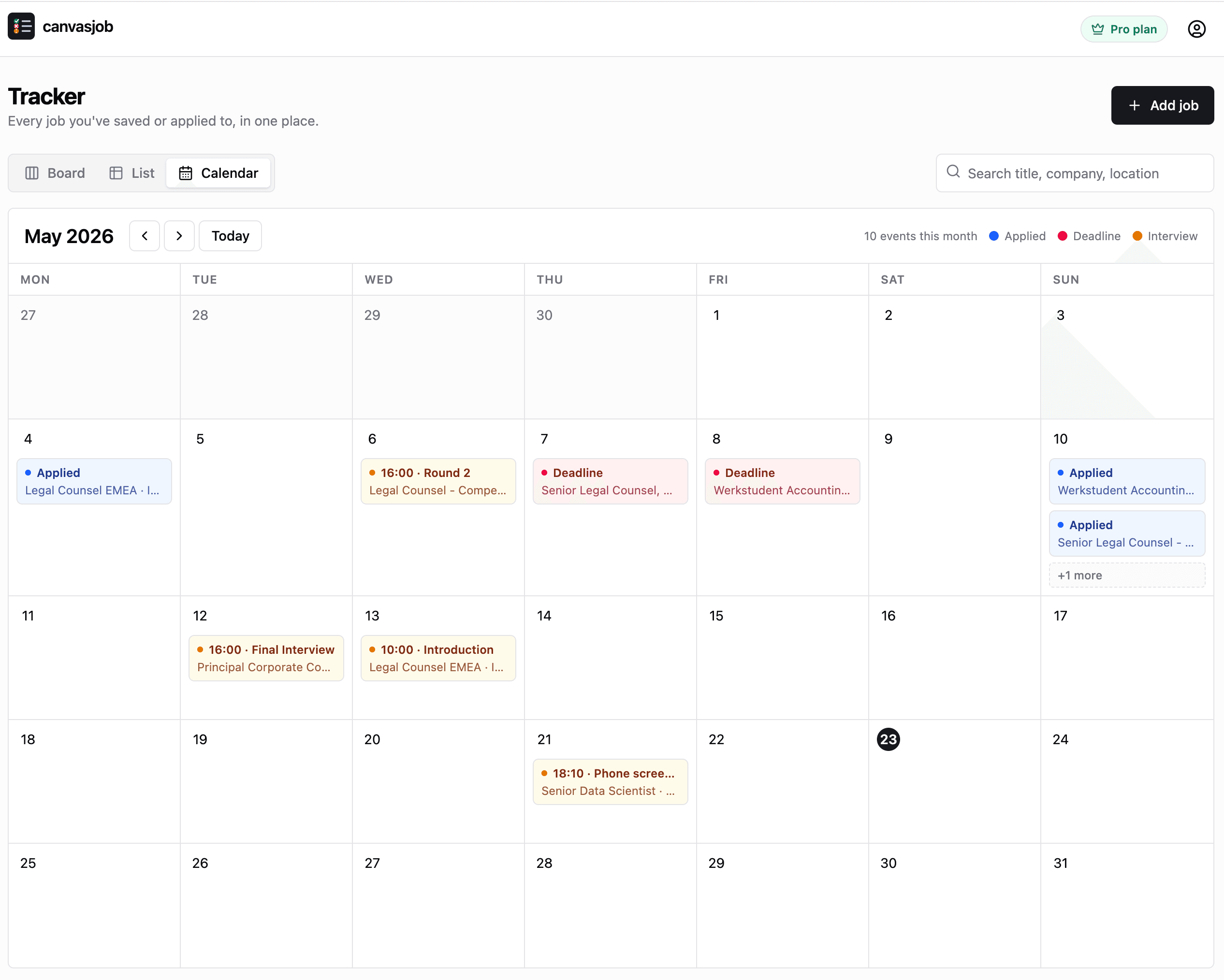 canvasjob tracker calendar view with application deadlines and interviews