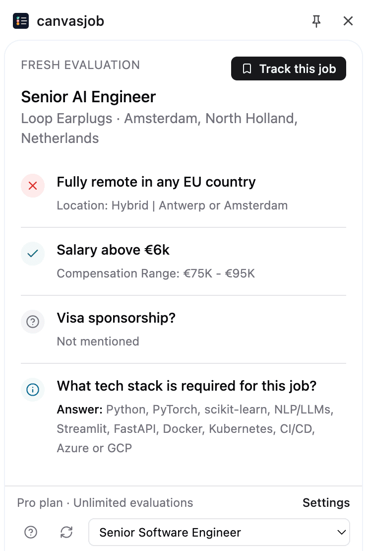 canvasjob Chrome extension side panel with a Track this job button