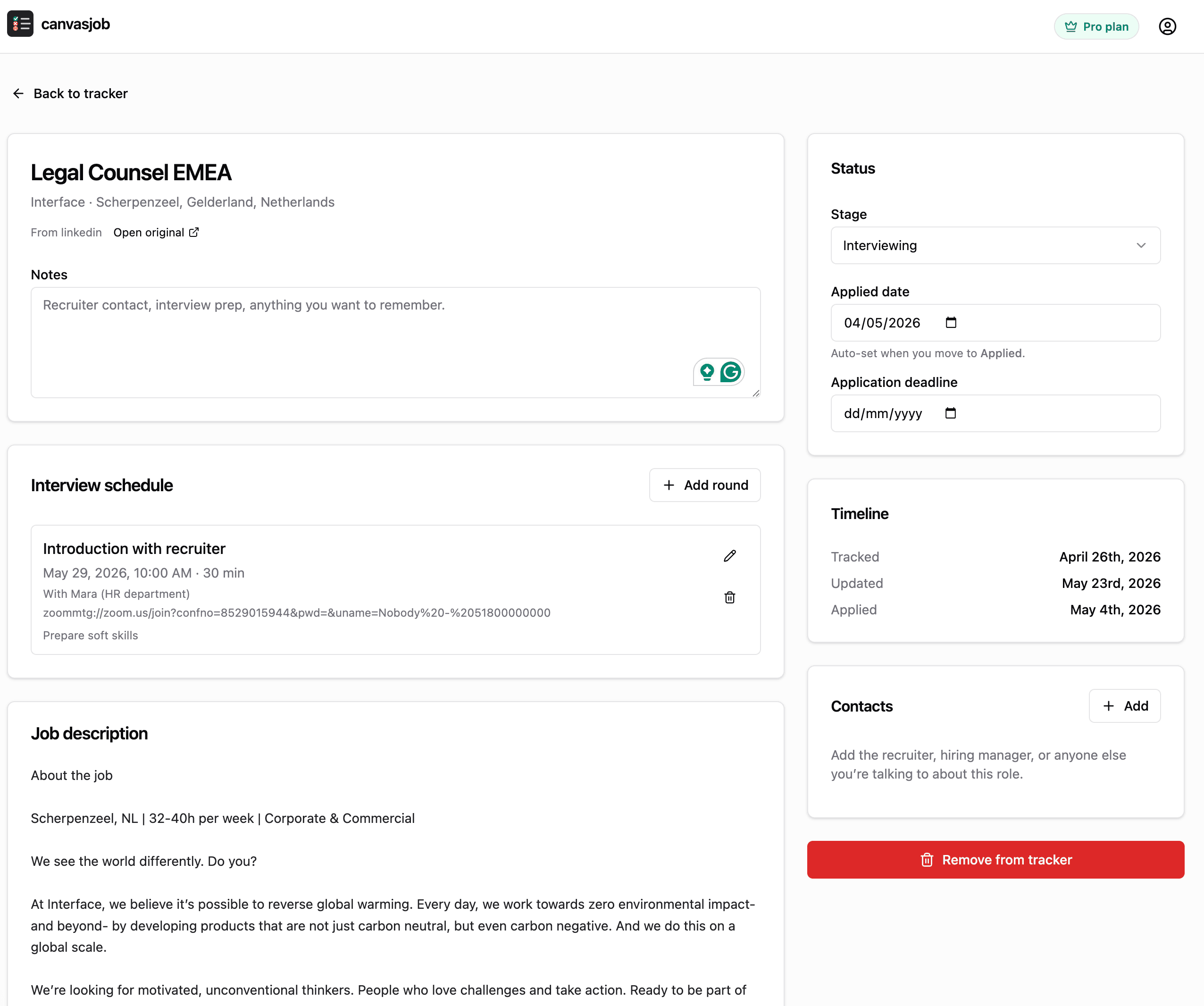 canvasjob job detail page with notes, interview schedule, timeline, contacts, and job description
