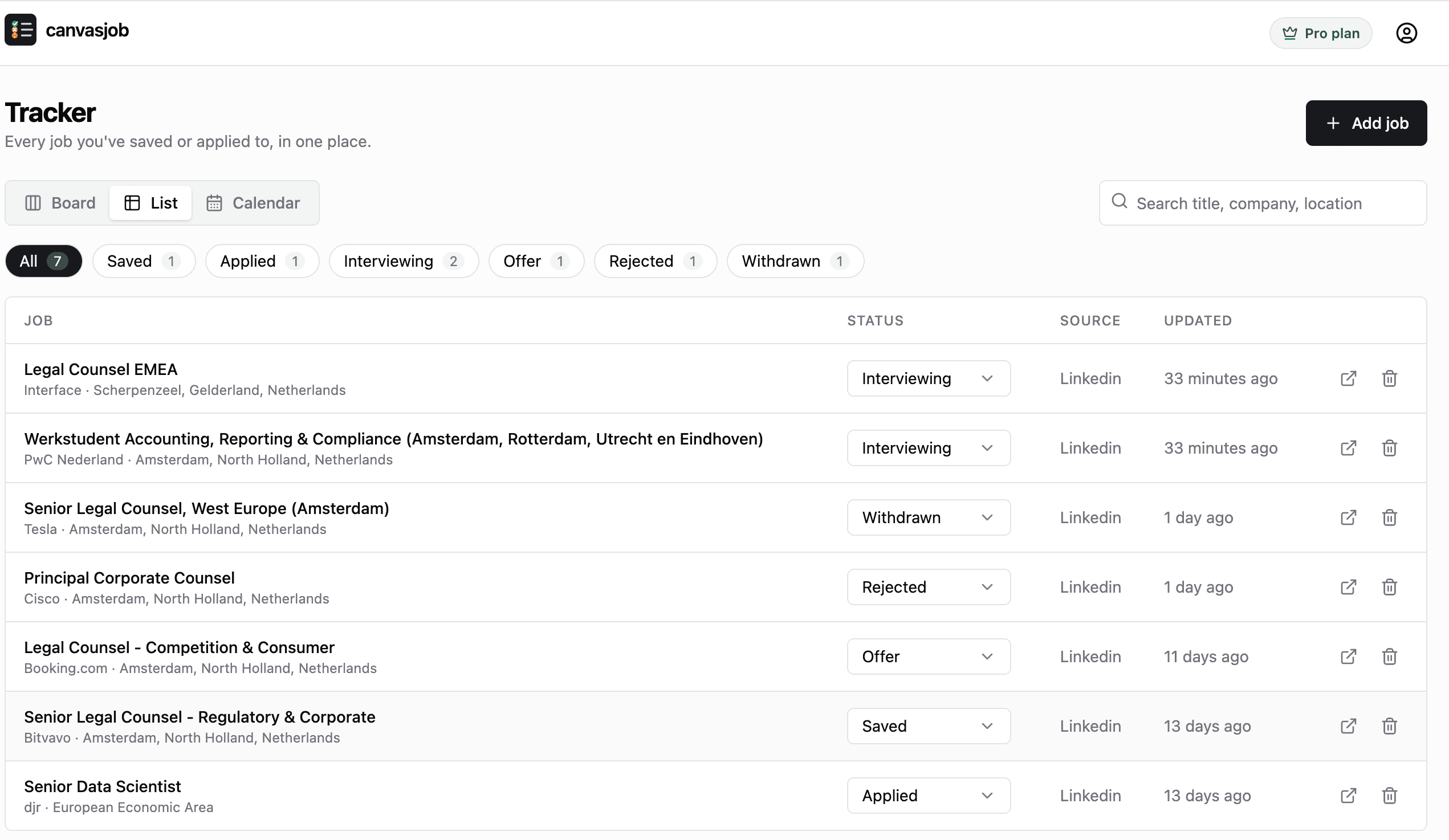 canvasjob tracker list view with status filters and search